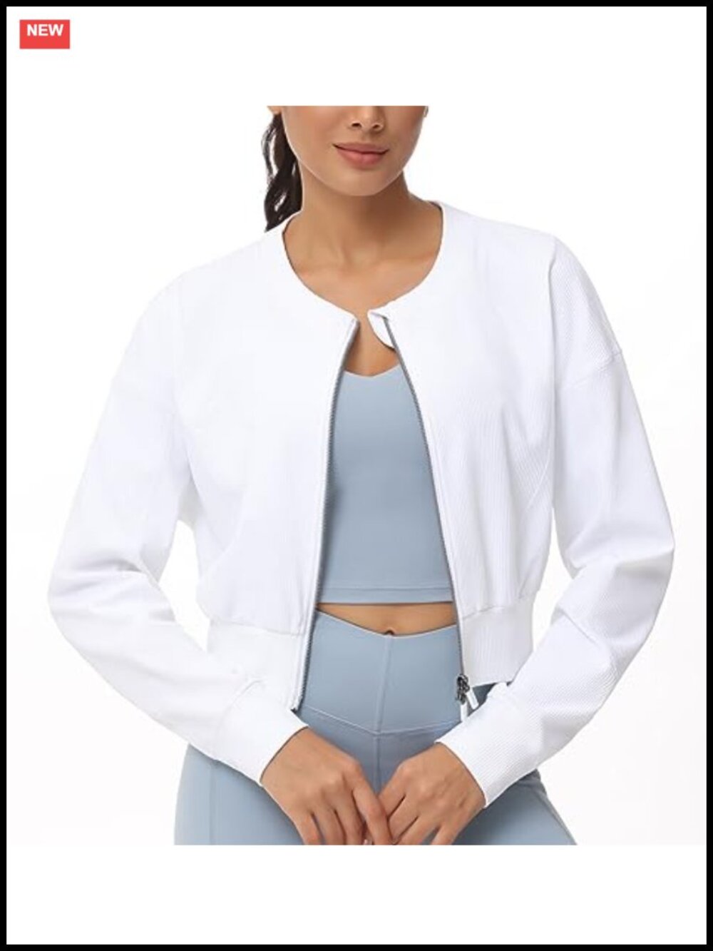 Full Zip Cropped Gym Jacket Ribbed Workout Top - Picture 5 of 6